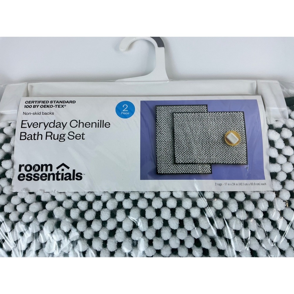 Room Essentials Everyday Chenille Bath Rug Set 2 Piece Green White New - Picture 2 of 6